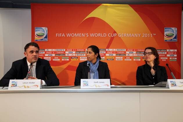 v.li. Ulrich Wolter (GER) (Gesamtkoordinator FIFA WM 2011), WM OK Präsidentin Steffi Jones (GER), Tatjana Haenni (SUI) (FIFA Abteilungsleiterin Frauenfussball) - Pressekonferenz zur Inspektionsreise des WM Organisationskomitees
