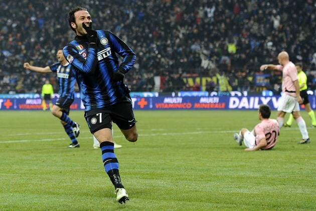 Serie A Inter Mailand (blau schwarz) vs US Palermo (rosa) --- Jubel Giampaolo Pazzini 