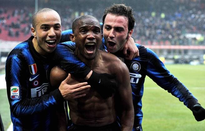 Football - soccer: Serie A, 2010 2011, Inter Mailand, Samuel Eto (M) , Giampaolo Pazzini (R) , Houssine Kharja x 