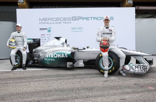 Motorsports Formula 1: World Championship 2011, Test Valencia, 04 Nico Rosberg (GER, Mercedes GP Petronas, L), Michael Schumacher (GER, Mercedes GP Petronas) with the new Mercedes GP car MGP W02 xHOCHxZWEIx xJuergenxTapx o0 Präsentation o0 Objekte Rennwagen