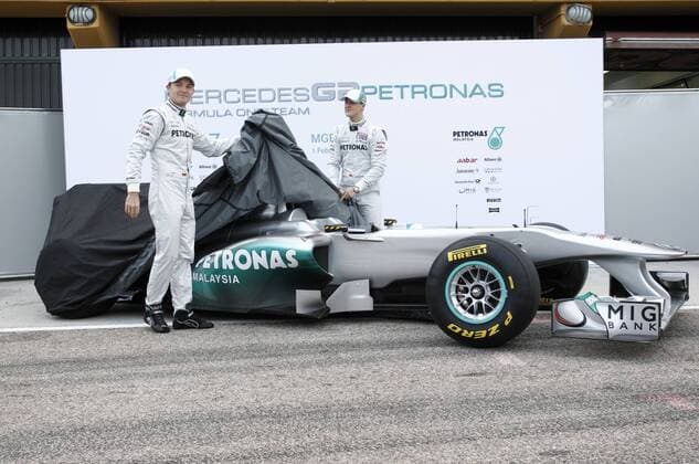Motorsports Formula 1: World Championship 2011, Test Valencia, 04 Nico Rosberg (GER, Mercedes GP Petronas, L), Michael Schumacher (GER, Mercedes GP Petronas), with the new Mercedes GP car MGP W02 xHOCHxZWEIx xJuergenxTapx o0 Präsentation o0 Objekte Rennwagen
