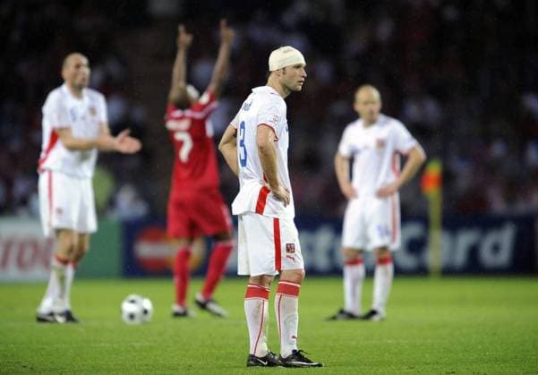 Czech Republic s Jan Polak reacts with his head injured during EURO 2008 match Turkey vs Czech Republic in Basel, Switzerland on June 15, 2008. (CTKxPhoto RadekxPetrasek)  CTKPhoto6200806150543101