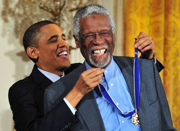 President Barack Obama (USA) awards the 2010 Presidential Medal of Freedom to basketball great Bill Russell during a ceremony at the White House in Washington on February 15, 2011.  WAP20110215347