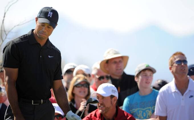 Tiger Woods reacts to his tee shot while the gallery follows the flight of the ball on the ninth hole of the WGC-Accenture Match Play Championship at Dove Mountain Golf Course in Marana, AZ February 23,2011. UPI Art Foxall  PXP2011022304 WGC Matchplay WM
