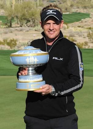 Luke Donald of England holds the trophy for winning the WGC-Accenture Match Play Championship at Dove Mountain Golf Course in Marana, AZ -  PXP2011022714
