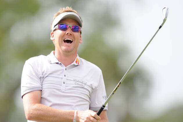 Mar. 3, 2011 - Palm Beach Gardens, FL - High winds were the story of the day as Ian Poulter (England) laughs at the wind after hitting his tee shot on the 17th hole at the PGA Honda Classic at PGA National Resort & Spa in Palm Beach Gardens, - ZUMAx71