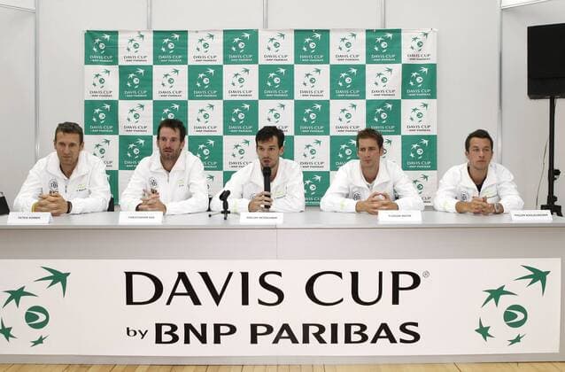 Davis Cup Kroatien - Deutschland in der Dom Sportova Halle in Zagreb,Kroatien, HerrenTennis Turnier, die deutsche Davis Cup Mannschaft in der Pressekonferenz L-R. Team Captain Patrik Kühnen,Christopher Kas,Philipp Petzschner,Florian Mayer und Philipp Kohlschreiber,