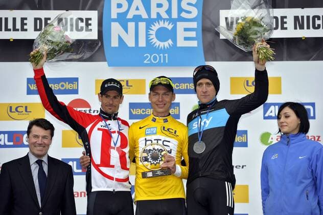 Paris - Nizza: Etappe 8: v.li. Andreas Klöden (Radioshack) - Tony Martin (HTC, gelbes Trikot ) - Bradley Wiggins (SKY) xNicoxVeereckenxPHOTONEWSx  o0 Jubel Freude Siegerehrung Sieger Sieg
