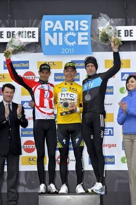 Paris - Nizza: Etappe 8: v.li. Andreas Klöden (Radioshack) - Tony Martin (HTC, gelbes Trikot) - Bradley Wiggins (SKY) xNicoxVeereckenxPHOTONEWSx  o0 Jubel Freude Siegerehrung Sieger Sieg
