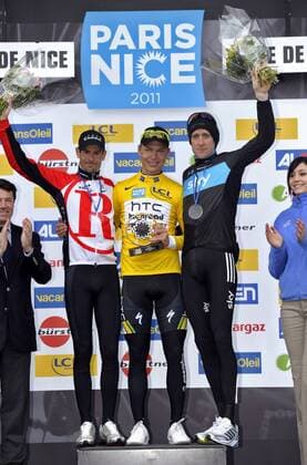 Paris - Nizza: Etappe 8: v.li. Andreas Klöden (Radioshack) - Tony Martin (HTC, gelbes Trikot) - Bradley Wiggins (SKY) xNicoxVeereckenxPHOTONEWSx  o0 Jubel Freude Siegerehrung Sieger Sieg