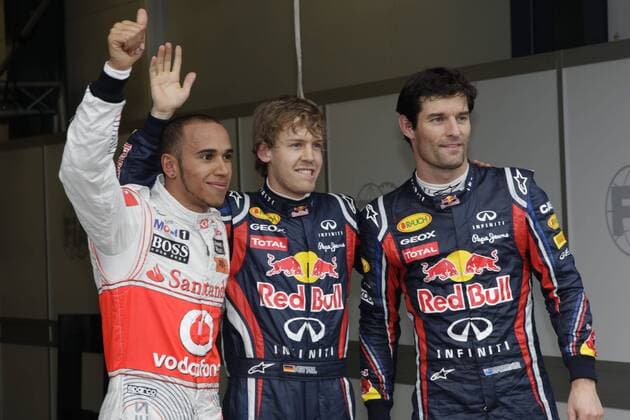 Nach dem Qualifying, v.li.: Lewis Hamilton (England McLaren Mercedes), Sebastian Vettel (Deutschland RedBull), Mark Webber (Australien Red Bull) GP Australien 2011 Formel 1 Grand Prix Australien 2011 o0 Jubel, Freude