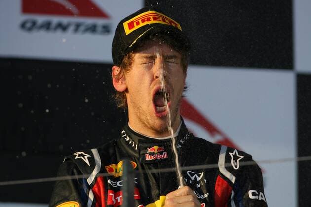 27.03.2011- Sebastian Vettel (GER), Red Bull Racing, RB7 race winner - Australian Grand Prix, Melbourne -  o0 Jubel Freude Sieg Sieger Siegerehrung Sekt sektdusche kurios Komik