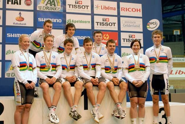 Cycling - World Track Championships - Apeldoorn; The Australian team with their gold medal haul.  o0 Jubel, Freude Siegerehrung Sieg, Sieger Weltmeister Gold, Medaille, Goldmedaille Siegerfoto