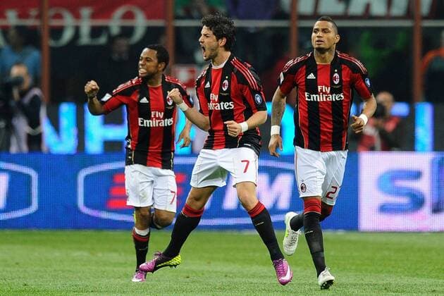 AC Mailand (rot) vs. Inter Mailand (blau) --- Torjubel, v.li.: Robinho, Alexandre Pato, Kevin Prince Boateng  o0 Jubel Freude