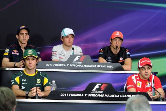 Grosser Preis von Malaysia - Pressekonferenz - JARNO TRULLI (ITA) - LOTUS TL11 (vorne li.) - NICO ROSBERG (GER) - MERCEDES GP MGP W02 (Mitte) - JENSON BUTTON (GBR) - MCLAREN MERCEDES MP4-26 (2R) - SEBASTIEN BUEMI (SUI, L) - TORO ROSSO STR6 FERRARI - FELIPE MASSA (BRA) - FERRARI F150 - GillesLevent - 