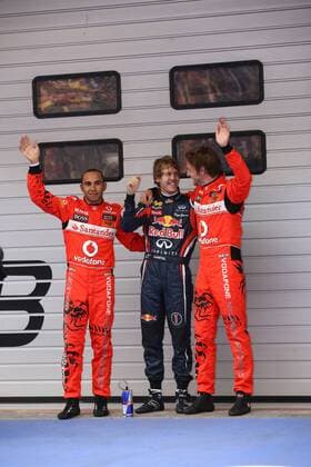 16.04.2011- Qualifying, Sebastian Vettel (GER), Red Bull Racing, RB7 pole position, M, Jenson Button (GBR, R), McLaren Mercedes, MP4-26 2nd position and Lewis Hamilton (GBR), McLaren Mercedes, MP4-26 3rd position China Grand Prix, Shanghai,
