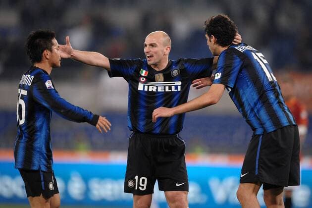 L-R: Yuto NAGATOMO, Esteban CAMBIASSO, Andrea RANOCCHIA Inter - AS Roma (red) vs. Inter Mailand (blue) - Semifinale Coppa Italia, Roma, 19 04 2011 - Andreaxstaccioli o0 Jubel, Freude,