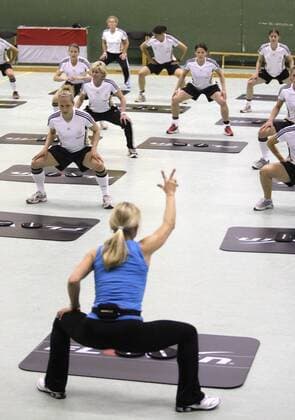Fitness Instructor gives instructions during the athletic- and coordinationtraining of the german women national team, Rot-Weiss-Essen in Koeln on April 20., 2011. Mika