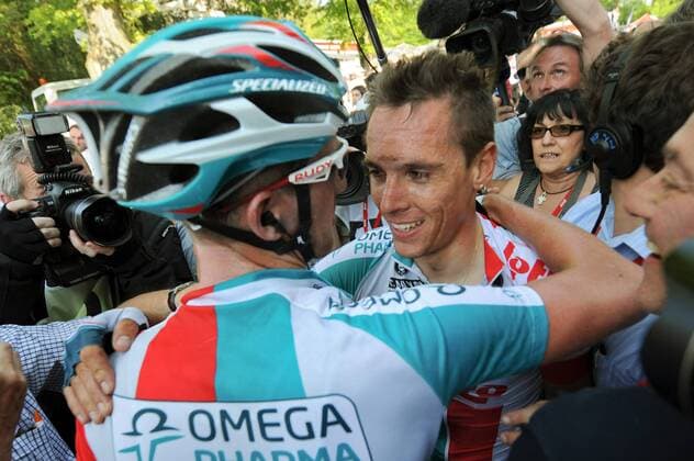 Philippe Gilbert (BEL, re.) - Team Omega Pharma Lotto - gewinnt den Fleche Wallonne 2011 --- PhotoNews  o0 Sieg Jubel Freude o0 Wallonischer Pfeil