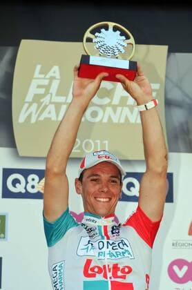 Philippe Gilbert (BEL) - Team Omega Pharma Lotto - gewinnt den Fleche Wallonne 2011 --- PhotoNews  o0 Sieg Jubel Freude Siegerehrung Objekte Pokal Trophäe o0 Wallonischer Pfeil
