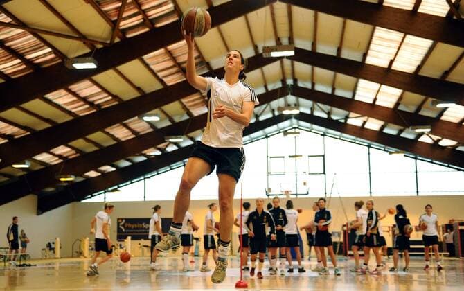 COLOGNE, GERMANY - APRIL 21: Birgit Prinz throws the ball during a Basketball training session at the German Women National Team training camp at Ballpark Köln on April 21, 2011 in Cologne, Germany. Birgit Prinz o0 DFB