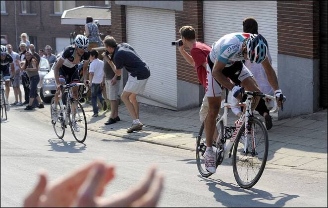 Cyclisme : LIEGE BASTOGNE LIEGE - 24:04:2011 Philippe Gilbert (team Omega Pharma - Lotto, R) - Franck Schleck - Andy Schleck (Team Leopard Trek) PhotoNews 