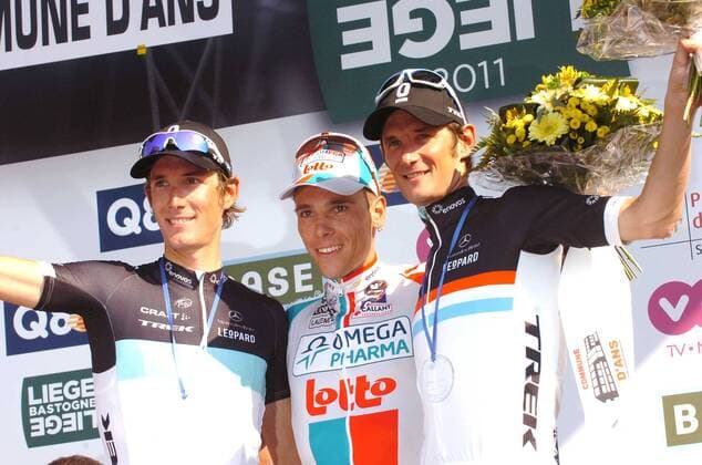 2011, Liege - Bastogne - Liege, Fränk (R) und Andy Schleck - Leopard - Trek sowie Sieger Philippe Gilbert - Omega Pharma-Lotto, Ans  o0 Jubel, Freude,
