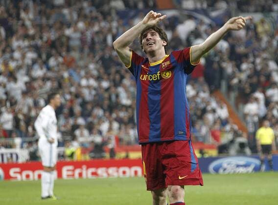 FC Barcelona s Lionel Messi celebrates and Cristiano Ronaldo (Real Madrid, L) during Champions League semifinal first match on April 27 2011 -  (081) o0 Barca Jubel, Freude