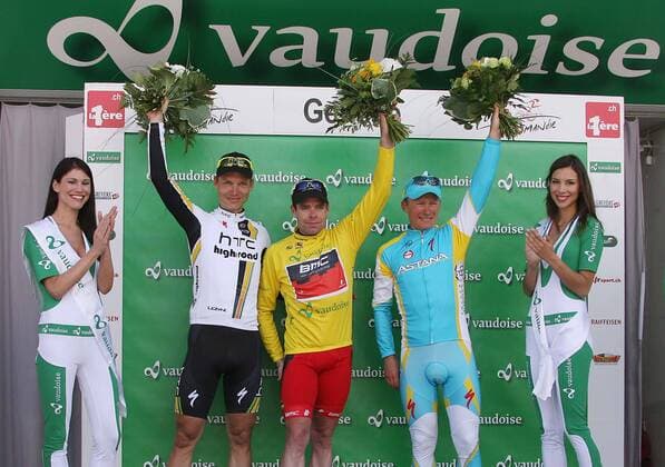 Schweiz, Genf 01.05.2011: Radsport 65. Tour de Romandie 5. Etappe Champagne - Geneve, EVANS Cadel (Aus) BMC Racing Team (USA) Sieger der Tour de Romandie, MARTIN Tony (GER) HTC-HIGHROAD (USA) 2. Platz, VINOKOUROV Alexandre (Kaz) PRO TEAM ASTANA (KAZ) 3. Platz (R)