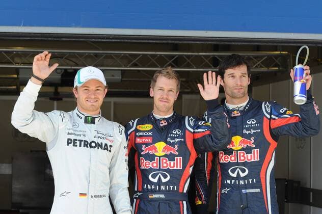 07.05.2011, Istanbul - GP Türkei 2011 - Qualifying - Sebastian Vettel (Deutschland Red Bull, Mitte) holt die Pole Position vor Nico Rosberg (Deutschland Mercedes GP, li.) und Mark Webber (Australien Red Bull) - GillesLevent  o0 Jubel Freude