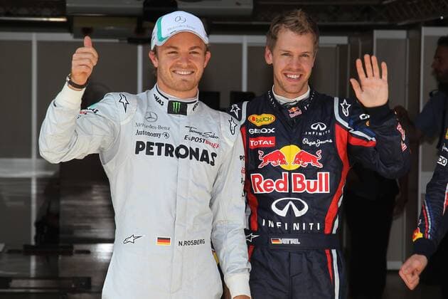 Motorsports: FIA Formula One World Championship 2011, Grand Prix of Turkey, 08 Nico Rosberg (GER, Mercedes GP Petronas F1 Team, L), 01 Sebastian Vettel (GER, Red Bull Racing) - Pole Position, xHOCHxZWEIx o0 Jubel Freude
