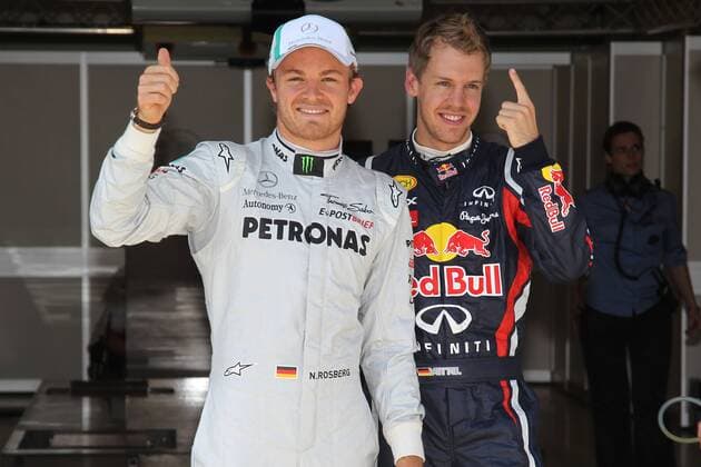 Motorsports: FIA Formula One World Championship 2011, Grand Prix of Turkey, 08 Nico Rosberg (GER, Mercedes GP Petronas F1 Team, L), 01 Sebastian Vettel (GER, Red Bull Racing) - Pole Position, xHOCHxZWEIx o0 Jubel Freude