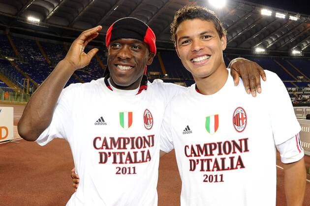 Rom 07 05 2011 - Serie A, AC Milan feiert den Gewinn der italienischen Meisterschaft 2010 2011: Clarence Seedorf (L) -Thiago Silva  o0 Scudetto Freude