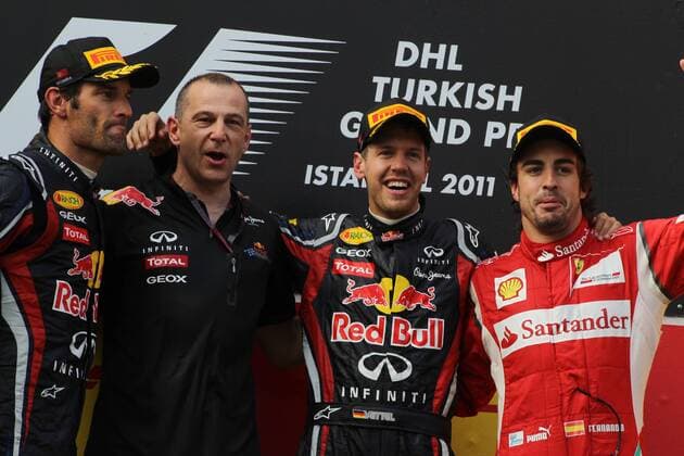 Motorsports: FIA Formula One World Championship 2011, Grand Prix of Turkey, 02 Mark Webber (AUS, Red Bull Racing), Mark Ellis (Red Bull Racing), 01 Sebastian Vettel (GER, Red Bull Racing), 05 Fernando Alonso (ESP, Scuderia Ferrari Marlboro), xHOCHxZWEIx