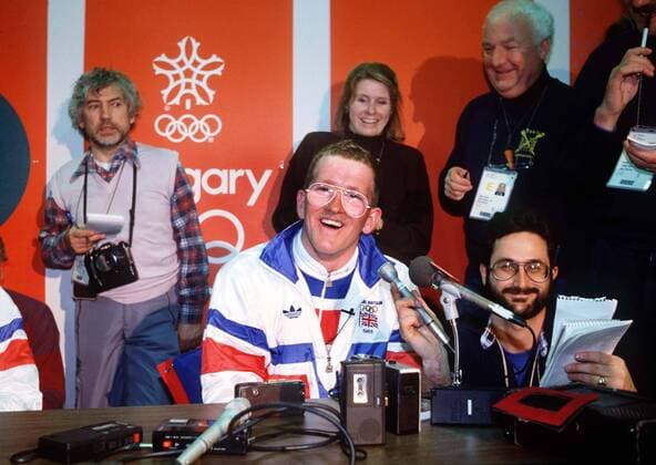 Eddie (The Eagle) Edwards (GBR).Press Conference. Ski Jumping. Winter Olympics 1988. Calgary.  o0 Ski Skisport Nordisch Skispringen