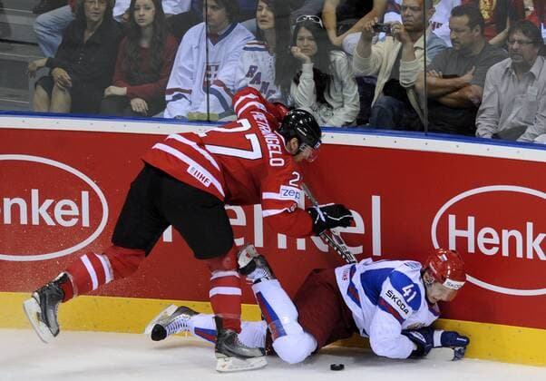 IIHF World Championship Slovakia 2011, Bratislava, May 12, 2011, quarterfinal, Canada vs. Russia. Left to right: Alex Pietrangelo (CAN) and Nikolaj Kuljomin (RUS). (CTKxPhoto MichalxKamaryt)  CTKPhoto20174677