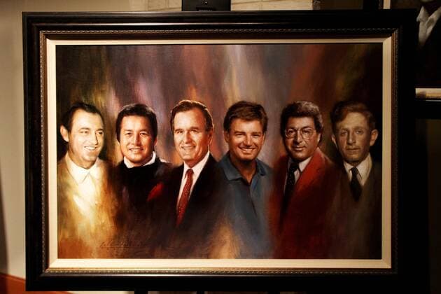 Similar face picture, with Ernie Els (RSA), Masashi -Jumbo- Ozaki (JPN) and Jock Hutchison (USA), M, MAY 9th, 2011 - Golf : Similar face picture of six golfers inducted into the 2011 World Golf Hall of Fame at the Induction Ceremony in St Augustine, Florida.  (rxfa001374) o0 South Africa Objekte Bild Legende Golflegende Ehrung Sportlerehrung Kunst Gemälde Einzelbild