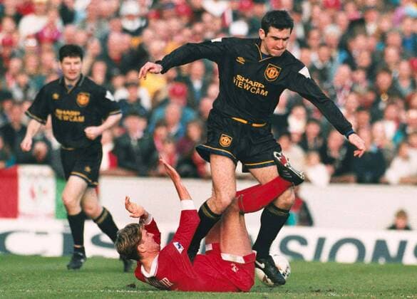 Eric Cantona (Manchester United) stamps on John Moncur (Swindon Town) and is sent off. Swindon Town v Manchester United (ManU) ,19 03 1994. 