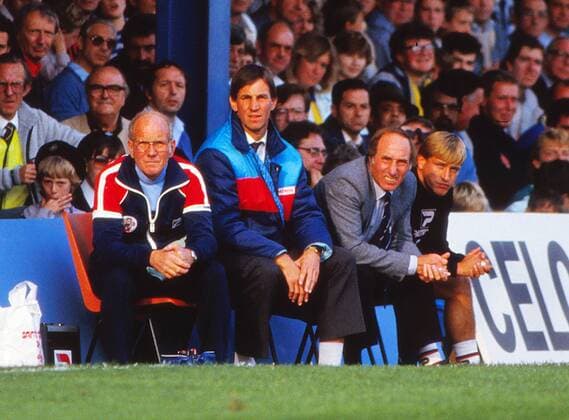Chris Nicholl (Southampton manager) Tony Barton (assistant manager) and Steve Baker (Sub) George Horsfall (trainer) left. Wimbledon v Southampton 27 09 1986 