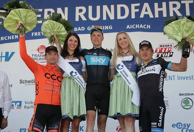 Germany, 25.05.2011: Radsport Bayern Rundfahrt 2011, 1. Etappe Pfarrkirchen-Freystadt, Sieger Edvald BOASSON HAGEN NOR (SKY) SKY PRO CYCLING GBR (L), Andre SCHULZE (GER) CCC POLSAT POLKOWICE POL 2. Platz (R), Heinrich HAUSSLER (Australia) (GRM) TEAM GARMIN CERVELO USA (3.Platz)