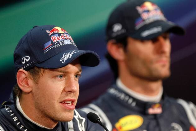 FORMEL 1 - GP von Monaco MONTE CARLO,MONACO,28.MAI.11 - MOTORSPORT, FORMEL 1 - Grand Prix von Monaco, Qualifying, Pressekonferenz. Bild zeigt Sebastian Vettel (GER) und Mark Webber (AUS Red Bull Racing). 