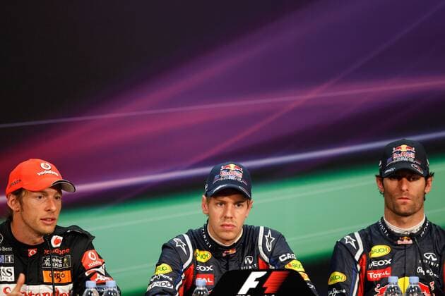 FORMEL 1 - GP von Monaco MONTE CARLO,MONACO,28.MAI.11 - MOTORSPORT, FORMEL 1 - Grand Prix von Monaco, Qualifying, Pressekonferenz. Bild zeigt Jenson Button (GBR McLaren Mercedes), Sebastian Vettel (GER) und Mark Webber (AUS Red Bull Racing). 