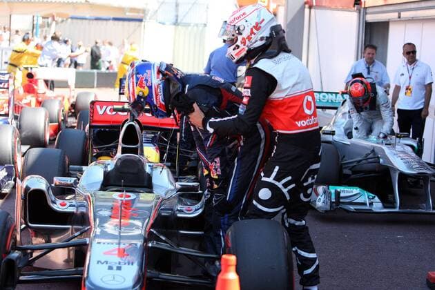 formula 1 GP, Monaco 28.05.2011, Mark Webber, Red Bull Racing, Jenson Button, McLaren Mercedes,