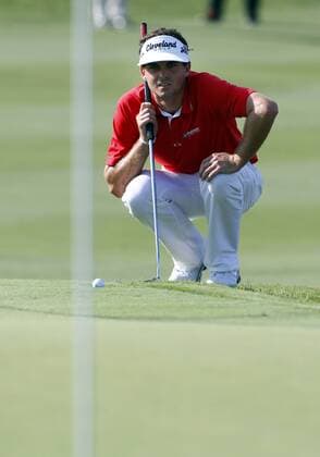 29 MAY 2011: Keegan Bradley lines up his putt on 18 during the playoff during the final round of the HP Byron Nelson Championship played at TPC Las Colinas Four Season Resort in Irving, TX. PGA Golf Herren MAY 29 HP Byron Nelson Championship - Final Round Icon1105290983 EDITORIAL USE ONLY