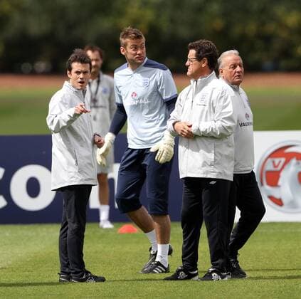 Englands Robert Green and Fabio Capello in action during Training - England 31st May, 2011 EDITORIAL USE ONLY. No use with unauthorised audio, video, data, fixture lists, club league logos or live services. Online in-match use limited to 120 images, no video emulation. No use in betting, games or single club league player publications.