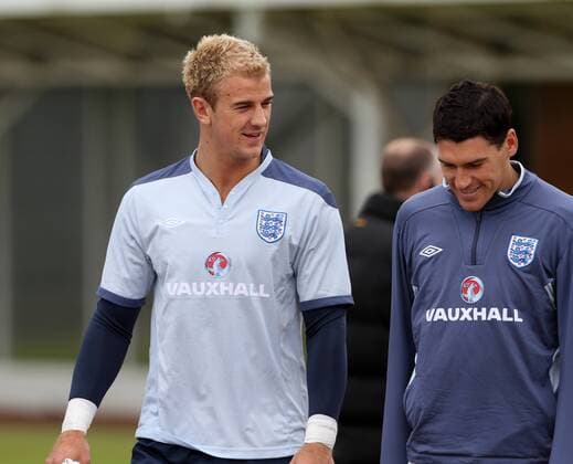 Englands Joe Hart and Gareth Barry in action during Training - England 31st May, 2011 EDITORIAL USE ONLY. No use with unauthorised audio, video, data, fixture lists, club league logos or live services. Online in-match use limited to 120 images, no video emulation. No use in betting, games or single club league player publications.