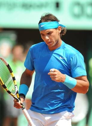 PARIS, June 3, 2011 -- Rafael Nadal of Spain celebrates during the men s semifinal in the French Open tennis championship at the Roland Garros stadium in Paris June 3, 2011. 