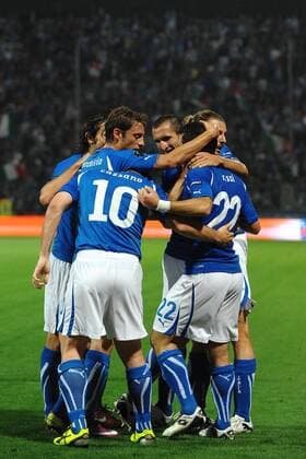 Italy celebrates, (L-R) Andrea PIRLO, Claudio MARCHISIO, Giorgio CHIELLINI, Federico BALZARETTI, Giuseppe ROSSI --- Italy vs. Estonia in Modena Andreaxstaccioli