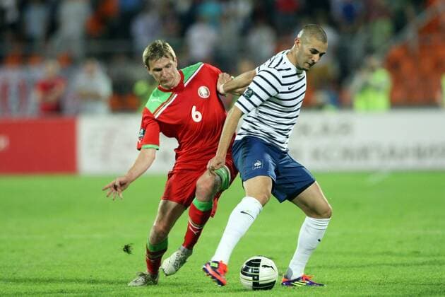 MINSK 03.05.2011 QUALIFYING ROUND FOOTBALL MATCH TO EURO 2012 GROUP D: BELARUS - FRANCE Yan Tigorev, Karim Benzema  0S3G0706