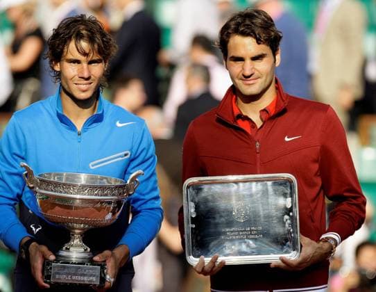 05.06.2011 French Open Tennis, Paris, France, World number one Rafael Nadal won a record-equalling sixth French Open title and Roger Federer (SUI) at Roland Garros. Players with their trohies xMichaelxCullenx  ActionPlus11179972